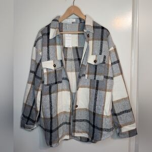 Plaid Shacket Jacket Women’s Size Large Gray Beige Button Front